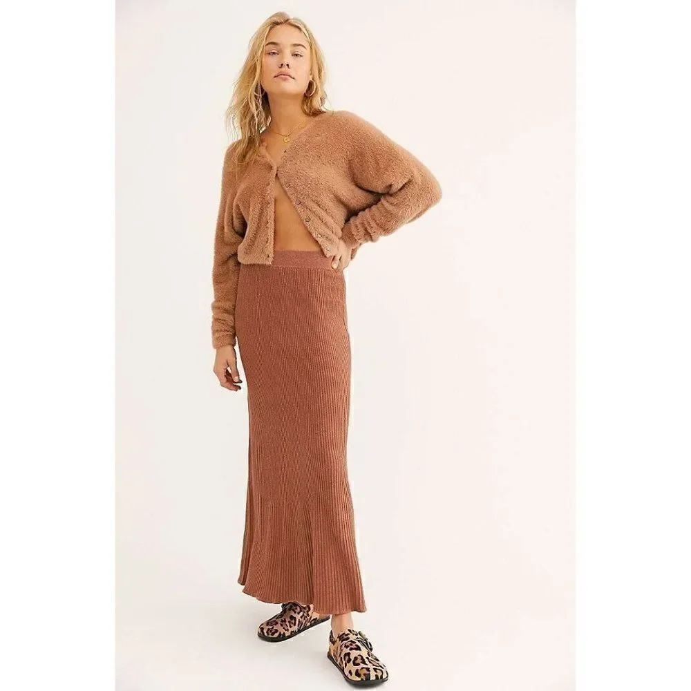 NEW FREE PEOPLE Sz S SHINE BRIGHT RIBBED MAXI SWEATER SKIRT COCOA HEATHER BROWN